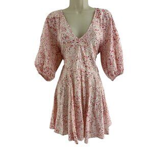 H&M Pink Patterned Mini Dress Romantic Flared Skirt Puff Sleeves V-Neck Size S